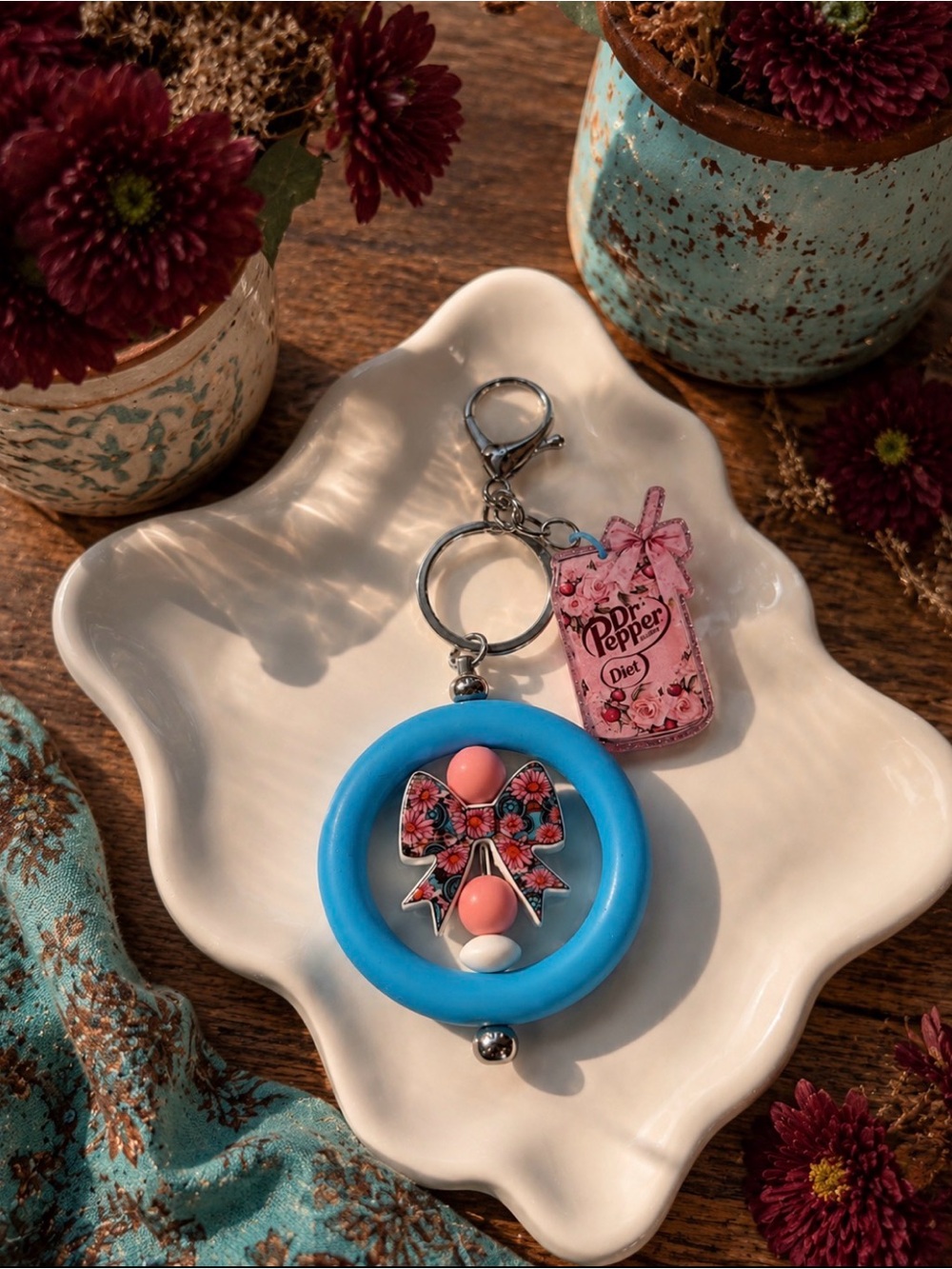 Handmade Ring Keychain with Floral Bow and Pink Accents